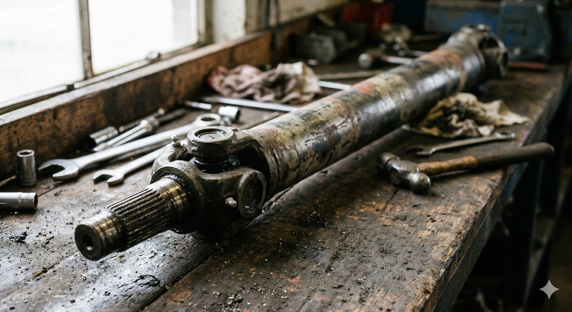 a heavy truck prop shaft or driveshaft lying on a greasy workshop bench
