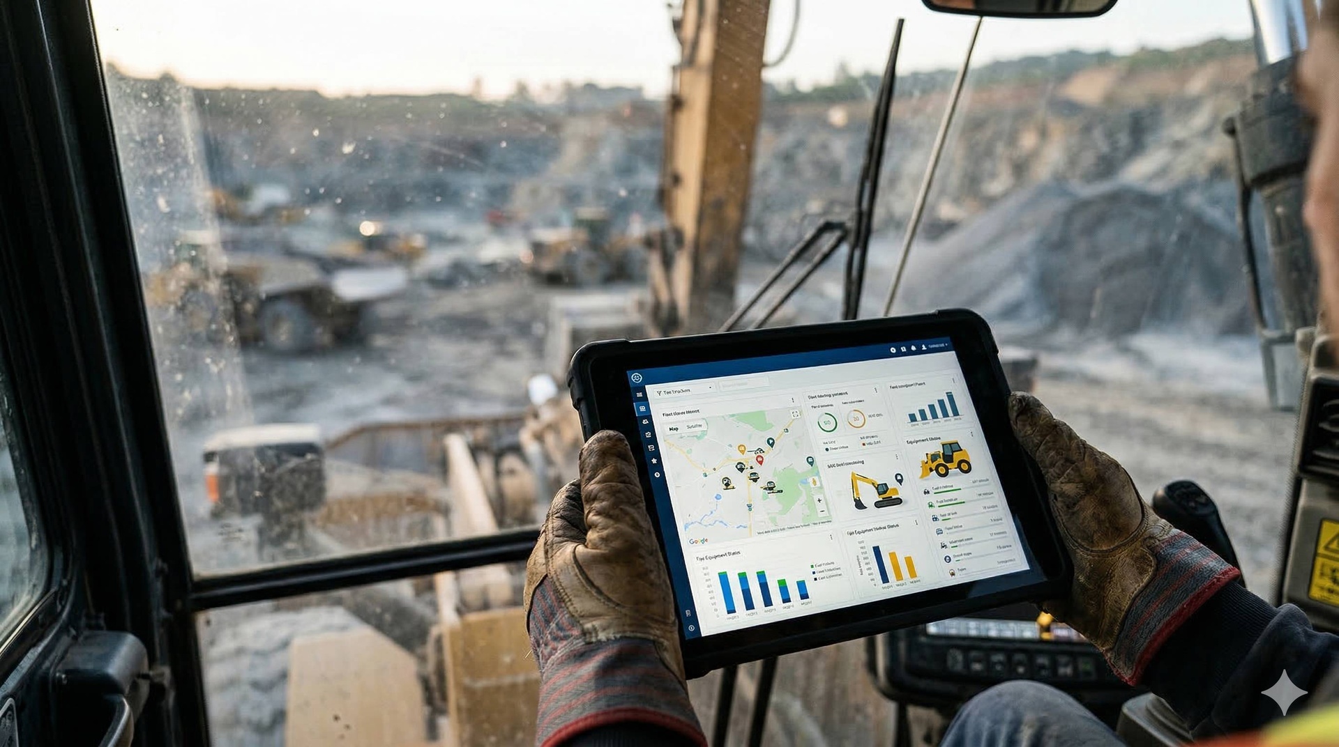 A tablet displaying colorful fleet tracking software or telematics dashboard held by gloved hands inside the cab of an excavator