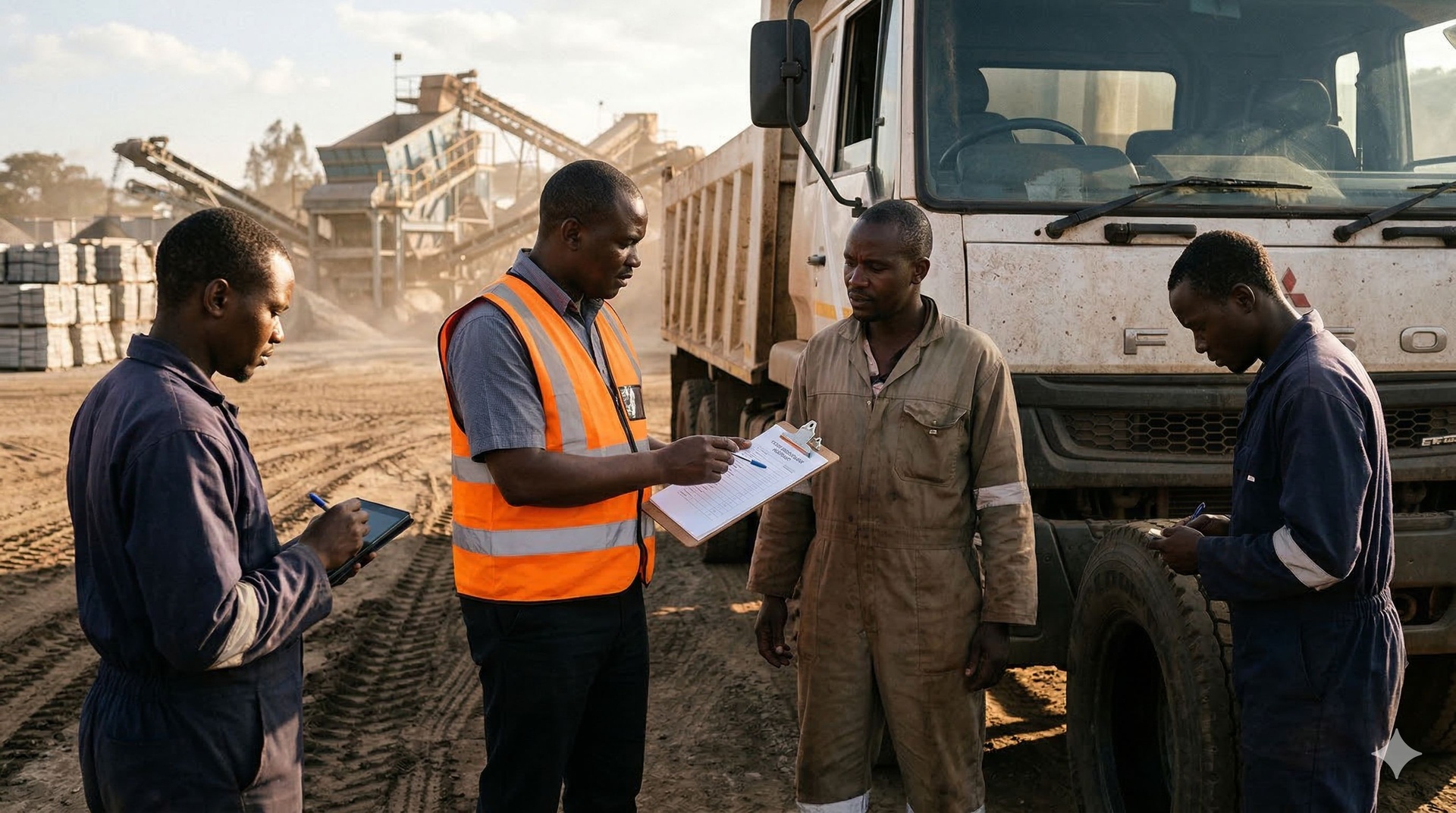a small team of fleet personnel standing beside a heavy truck at a remote site.