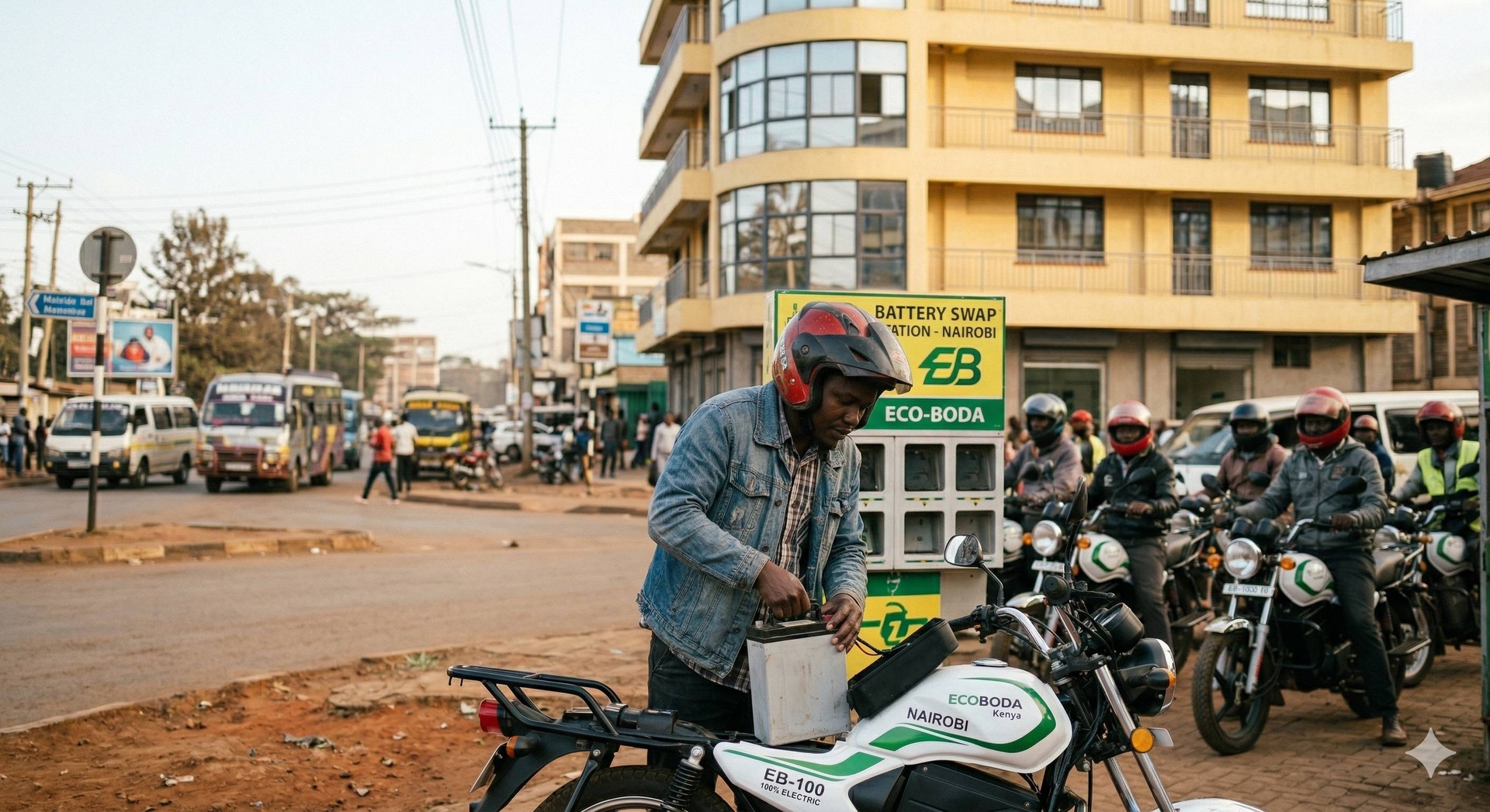 A close-up of a boda boda rider in Kenya swapping a battery at a battery swap station