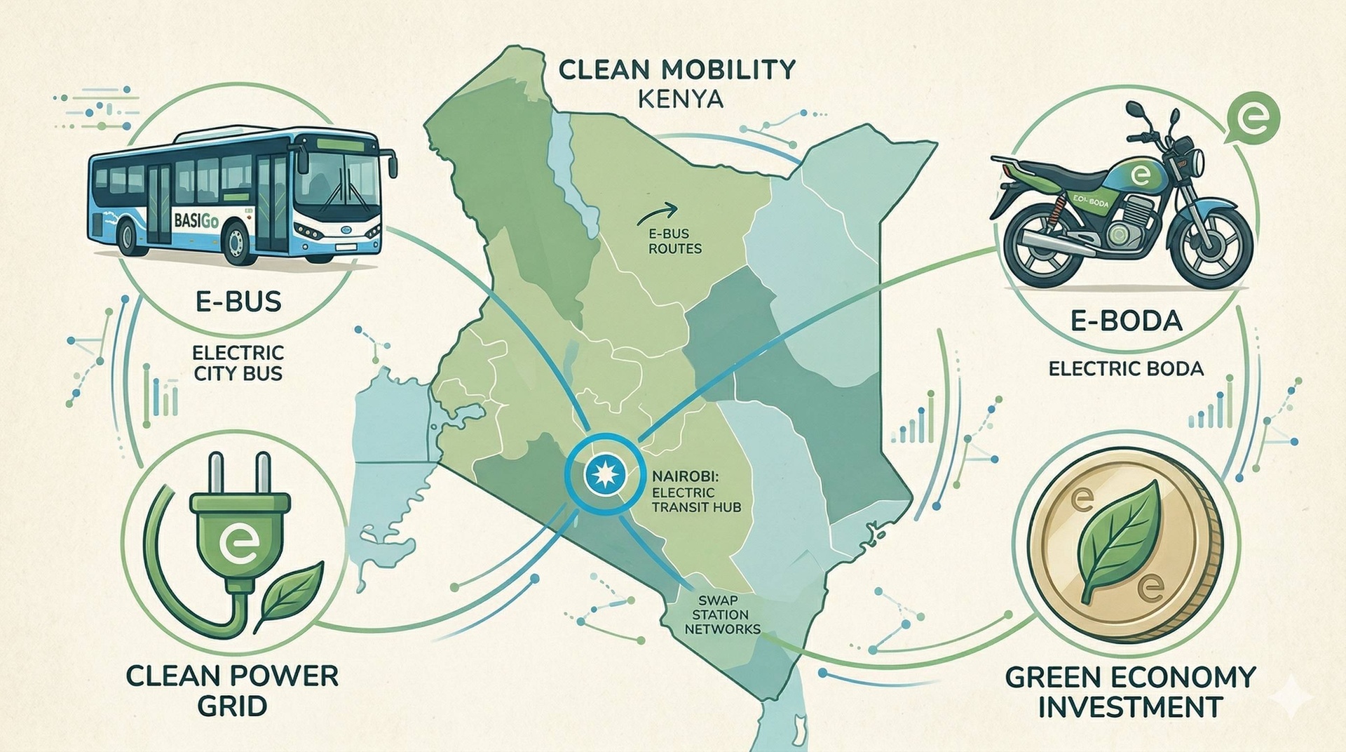 infographic showing a map of Kenya with Nairobi highlighted, overlaid with icons, a bus, a motorcycle, a power plug, and a coin with a leaf.