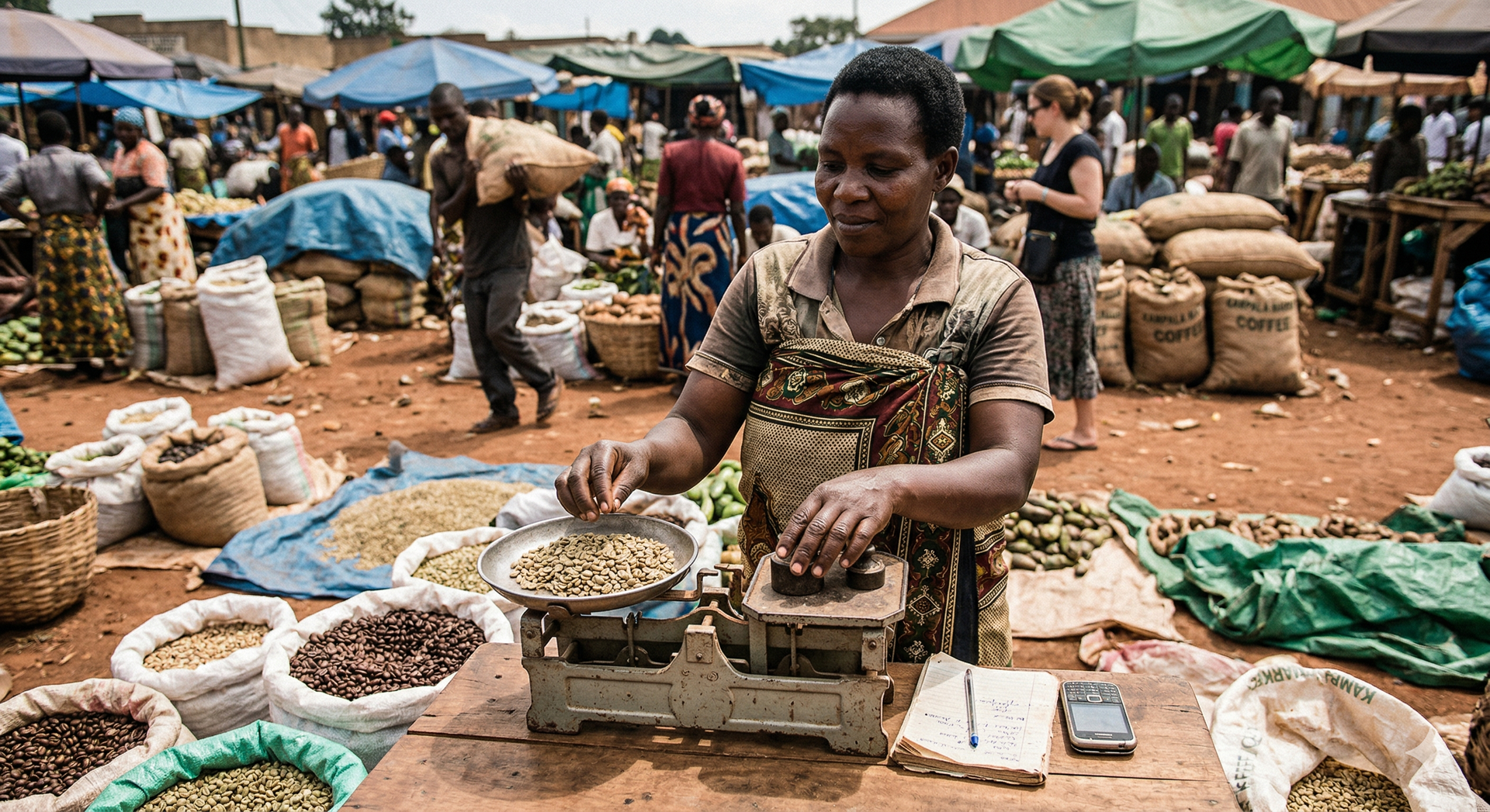 a female market vendor weighing coffee beans at a market